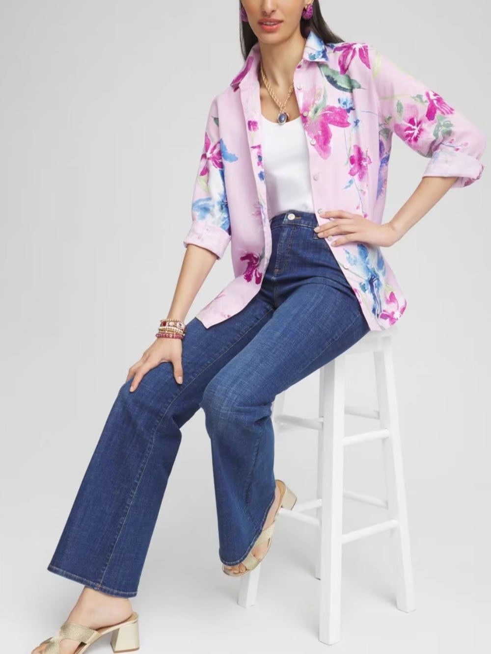 Chico's No IronFloral Linen Shirt Orchid Blossom Size 10